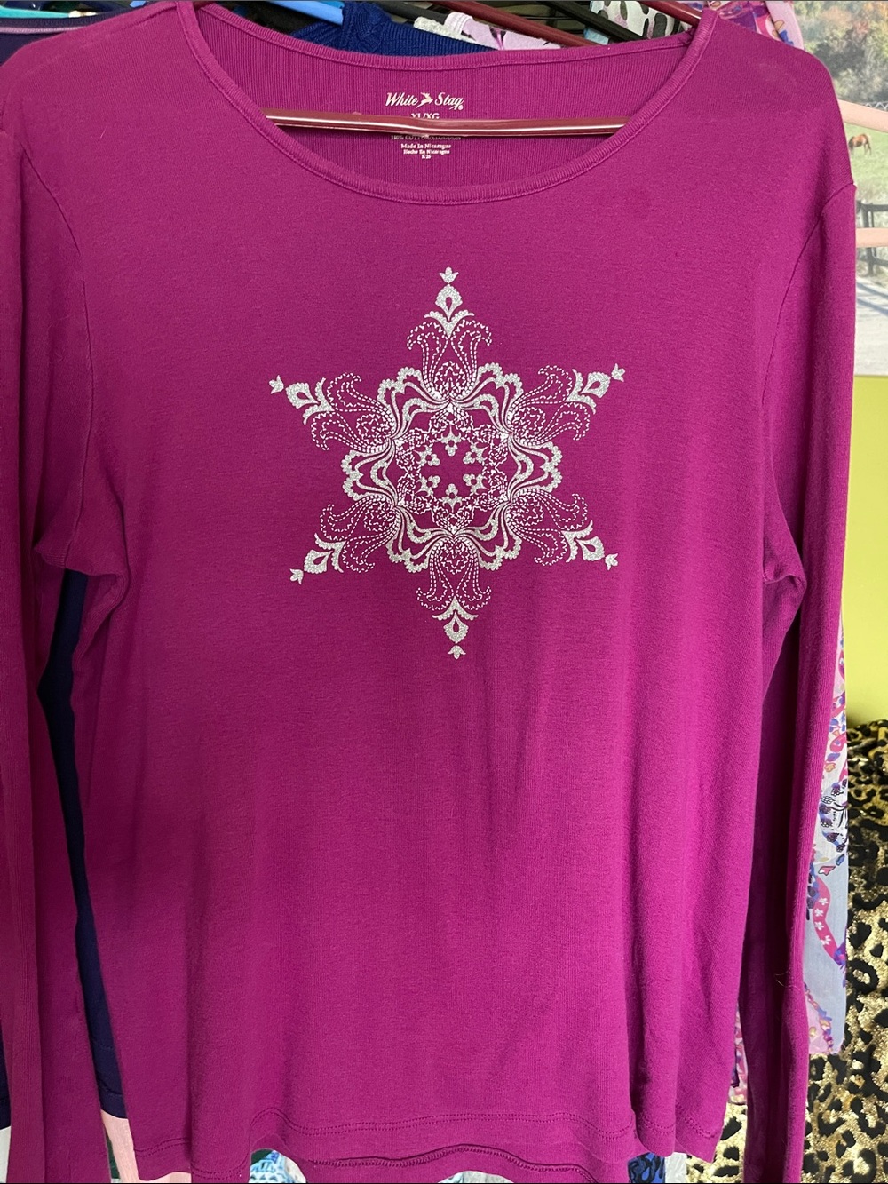 White Stag Magenta Long-Sleeve Top with Silver Mandala Graphic